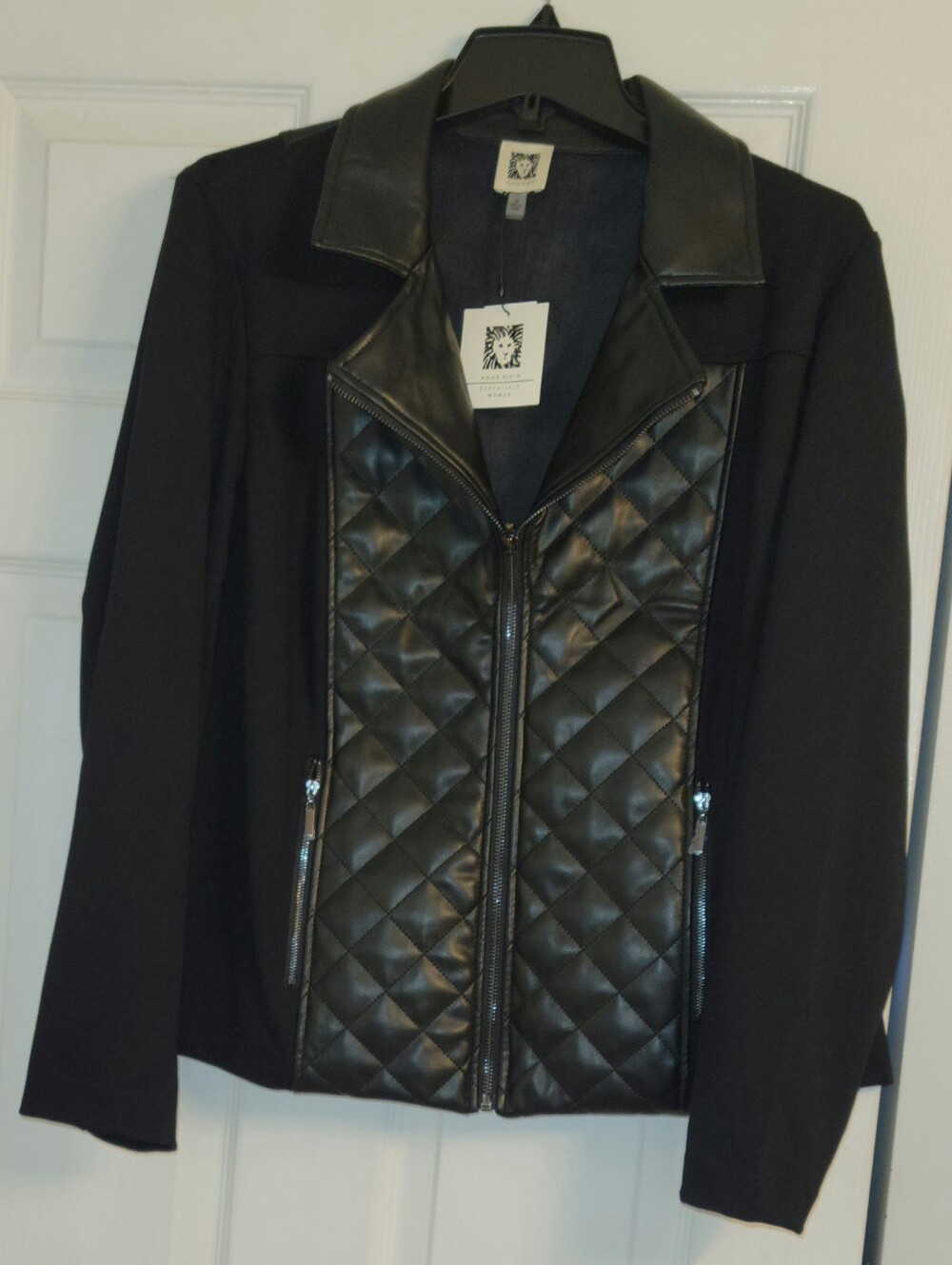Anne Klein Black Quilted Mixed Media Faux Leather Front Jacket